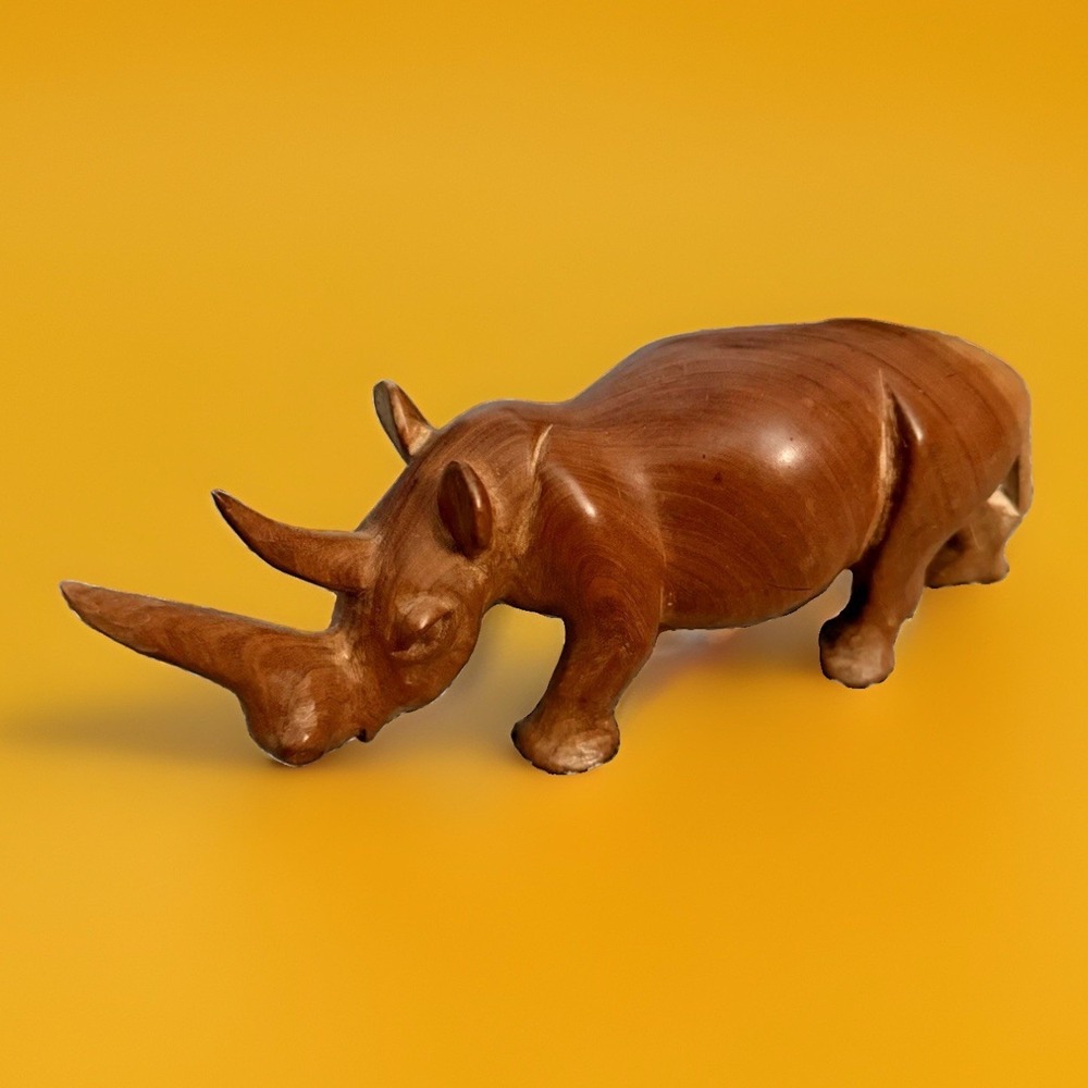 Vintage Hand-Carved Solid Ironwood Rhinoceros Figurine Heavy African Safari Art